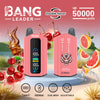 Bang Leader Vape Device In Pink With Digital Display, Surrounded By Images Of Cola, Cherries, And Grapefruit, Showcasing Double Flavor And Up To 50,000 Puffs, With Icons For Type-C Charging, 650Mah Battery, Dual Mesh, And Adjustable Settings.