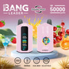 Bang Leader Disposable Vape Devices With A Digital Display And Pink Casing, Featuring Dual Flavors, Fruit And Drink Graphics, And Highlighted Specifications Like 50,000 Puffs, 650Mah Battery, Type-C Charging, Dual Mesh Coils, And Adjustable Settings.