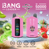 Promotional Image For The Bang Leader Disposable Vape Device In Pink, Featuring Two Devices With Digital Displays, Fruit Flavors Like Kiwi And Strawberry, Ice Cubes, And Key Features Such As 50,000 Puffs, Double Flavor, Type-C Charging, 650Mah Battery, Dual Mesh, And Adjustable Settings.