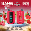 Bang Leader Double Flavor Vape Device In Red, Featuring A Digital Display And A Tiger Graphic, Surrounded By Splashing Fruit Including Strawberries, Cherries, Raspberries, And Ice Cubes, With Text Highlighting 50,000 Puffs, Usb Type-C Charging, 650Mah Battery, Dual Mesh, And Adjustable Settings.