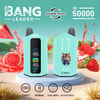 Promotional Image For Bang Leader Vape Device Featuring Two Turquoise Vapes With Digital Displays, Surrounded By Splashing Watermelon And Strawberry, Highlighting Dual Flavors, 50,000 Puffs, Type-C Charging, 650Mah Battery, Dual Mesh, And Adjustable Settings.