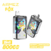 Werbebild für Airmez Fox Vape zeigt zwei Vape-Geräte mit farbenfrohen Fox-Illustrationen mit den Aromen Berry Limonade und Zitronenlimette, die als 2-in-1 mit 8000 Puffs gekennzeichnet sind.
