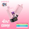 Pink Airmez Fox 4-in-1 vape-apparaat met een cartoonvos in een beanie en overall, met de aandacht van 120.000 kiezels en vier smaken: aardbeienschuim, aardbeienkiwi, aardbeienijs en perzik mango watermeloen, op een roze gradiëntachtergrond met branding.