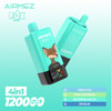 Airmez Fox 4-in-1 wegwerpevapelapparaat in groenblauw met een vosafbeelding, productbranding en smaakopties: perzikijs, roze limonade, watermeloenijs en Dr. Blue, met een 120.000 puffcapaciteit gemarkeerd.