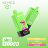 Green Airmez Fox 4-in-1 vape-apparaat met een cartoonvos die een roze hoed en gestreept shirt draagt, met selecteerbare smaken: Cherry, Love 66, Berry Limonade en druivenijs;