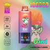 Publicité colorée pour un appareil de vape Blaze 6 en 1 avec un singe de dessin animé avec des cheveux orange sauvages, des spécifications de produits comme 10 000 bouffées, une batterie de 850mAh, une charge de type C et 6 saveurs réglables, avec une icône d'écran numérique et un réservoir d'huile.