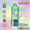 Dispositif de vape coloré comportant un singe bleu de dessins animés dans des verres, étiqueté `` Bang Blaze 6 en 1 Raspberry aux bleuets '', avec des icônes indiquant un chargement de type C, une batterie de 850mAh, des saveurs réglables, un écran LED et jusqu'à 10 000 bouffées.