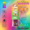 Dispositif de vape coloré étiqueté `` 6 en 1, glace d'ananas à casier 'avec un singe de dessin animé stylisé portant des lunettes de soleil, avec 10 000 bouffées, une batterie de 850mAh, une charge de type C, des saveurs réglables, un écran LED et des détails du réservoir d'huile.