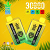 Two Bang King Delphitech Disposable Vapes In Green And Yellow With Skull Graphics, Set Against A Yellow Background With Tropical Leaves And Icons Highlighting 30000 Puffs, Type-C Charging, 550Mah Battery, 36Ml Capacity, And Mesh Coil; Flavor Is Red Bull Watermelon Bubble Candy.