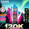 Colorful Bang Legend 120k Vape Device avec une conception de visage de singe de dessin animé, entouré de cristaux roses brillants, de caractéristiques de mise en évidence comme 5 saveurs, une capacité de 50 ml, une bobine de maille et une charge de type C.