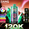 Image promotionnelle pour un dispositif de vape jetable 5-en-1 Bang Legend, avec un stylo vape vert et violet avec des options de saveur répertoriées et des accessoires en cristal néon en arrière-plan, mettant en évidence des fonctionnalités telles que la bobine de maille, la capacité de 50 ml et la charge de type C.