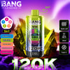 Bang Legend 5 en 1 Dispositif de vape jetable avec une illustration de gorille colorée, entouré de formations cristallines et de graphiques audacieux répertoriant cinq saveurs et caractéristiques de dispositif, y compris la bobine de maille, la capacité de 50 ml et la charge de type C.