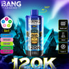Bang Legend 5 en 1 Dispositif de vape jetable avec un design bleu avec un graphique de singe stylisé, une liste de saveurs à gauche, des fonctionnalités techniques à droite et un fond en cristal glacé.