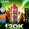 Dispositif de vape Bang Legend 120K avec emballage vibrant, avec un personnage de dessin animé, des options de saveur et des reflets des produits, notamment la bobine de maille, la capacité de 50 ml et la charge de type C sur un fond cristallin brillant.