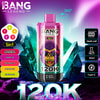 Bang Legend 5-en-1 Dispositif de vape jetable avec gorille illustré portant des lunettes de soleil, des options de saveurs répertoriées comme de la pastèque aux fraises, de la glace de raisin, du mojito rouge, de la glace à la banane et du citron vert, illustré à un fond en cristal brillant avec des caractéristiques telles que la bobine de maille, une capacité de 50 ml et une charge de type C survue.