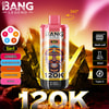 Image promotionnelle pour le dispositif de vape 5-en-1 de Bang Legend avec une grande cartouche avec 20k bouffées, bobine de maille, capacité de 50 ml, charge de type C et cinq saveurs répertoriées: pastèque de fraise, pomme de cantaloup, cola glace, pêche au mango et amour 66, contre un fond vibrant à thème d'or.