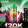 Colorful Bang Legend 5-en-1 Vape jetable avec un visage stylisé avec des lunettes de soleil sur l'appareil, entourée de formations de cristal, d'options de saveur répertoriées et d'icônes mettant en évidence la bobine de maille, la capacité de 50 ml et la charge de type C.