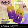 Publicité pour l'appareil Bang Legend Vape montrant deux unités de vape colorées, mettant en évidence des fonctionnalités telles que 80 000 bouffées, des options de triple saveur (pastèque myrtille, mangue fraise, cassis), une charge de type C et un avertissement de nicotine.