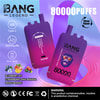 Advertisement Featuring Two Colorful Bang Legend Vape Devices With 80,000 Puffs, Highlighting Features Like Type-C Charging, Dual Mesh, And Flavors Including Blueberry Ice, Strawberry And Banana, And Mixed Berries, Alongside A Nicotine Warning And Product Certifications.