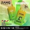 Publicité pour les appareils de vape jetables Bang Legend avec un emballage jaune-vert vif, mettant en évidence 80 000 bouffées, une charge de type C, des bobines à double maille et des saveurs Red Bull, myrtille, pastèque et pomme poire.