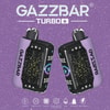 Two Gazzbar Turbo Vape Devices With Black, Star-Studded Fronts And Purple Sides, Displayed Against A Speckled Purple Background With Branding And Product Icons Beneath.