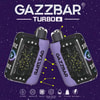 Two Gazzbar Turbo Vape Devices With Starry Purple Backgrounds, Constellation Graphics, And Product Specs Showcased Below.