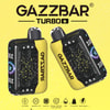 Two Yellow And Black Gazzbar Turbo Vape Devices With Constellation Patterns, 100 Indicator, And Branding, Displayed Against A Yellow Background With Product Features Listed Below.