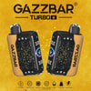 Two Gazzbar Turbo Vape Devices With Star Constellation Graphics And Yellow Accents Displayed Against A Yellow Background With Branding And Product Feature Icons.