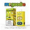 Mr. Goodie vape -apparaat in geel met een oogontwerp, weergegeven naast de doos die verstelbare smaken benadrukt (mango, ananas en mango ananas -ijs) en bevat een nicotine -waarschuwingslabel.