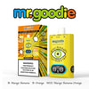 Mr. Goodie Branded Wisingable Vape -apparaat en verpakking in geel, met een geïllustreerde oogafbeelding, gelabeld met Flavours Mango Banana, Orange en een mix en een nicotine -waarschuwing.