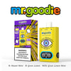 Mr. Goodie Brand Vape Device and Packaging, met een felgeel ontwerp met een oogafbeelding en een display met bedieningselementen, naast smaakopties Miami Mint, Green Citroen en Green Lemon Mint Mix.