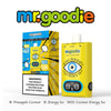 Mr. Goodie Branded Vape Product Packaging en Yellow Vape -apparaat met een blauw gestileerd oogontwerp, met tekstdetails smaken ananas kokosnoot, energie -ijs en kokosergie -ijs en een nicotine -waarschuwingslabel.