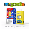 Mr. Goodie Flavoured Vape -apparaat met een gele kast met een gestileerde oogafbeelding, weergegeven naast de kleurrijke verpakking die drie beschikbare smaken benadrukt: Blue Razz, Cherry en een Blue Razz Cherry Mix.