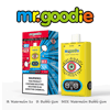 Mr. Goodie verstelbare vape -apparaat en verpakking, met een gele doos met een gestileerd oogontwerp en een schuifschakelaar, gelabeld met smaken watermeloenijs, kauwgom en watermeloen kauwgom en een nicotine -waarschuwing.