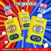 Promotionele afbeelding voor Mr.Goodie Vaping Device met drie gele eenheden met oogafbeeldingen, digitale bedieningselementen en tekst die 'Single Flavour Mode 60K' en 'Mix Flavours Mode 30K' benadrukt tegen een rode en blauwe burst -achtergrond.