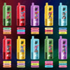 Nine Colorful Vape Devices, Each With Cartoon Character Illustrations And Labeled With Various Flavor Combinations Such As Lemon Lime, Watermelon Ice, Cherry Cola, Strawberry Watermelon, Blueberry Ice, Love 666, And More, Arranged In A 3X3 Grid Against A Gradient Background.
