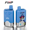 Twee blauwe FIHP merkwijdbare vape -apparaten, een met smaakopties en 40.000 puffs -label, de andere met een piratenafbeelding en batterij -indicator.