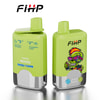 Twee Green FIHP merkapparaten VAPE -apparaten, de ene met gegevens van smaken en bladertelling details, de andere met een kleurrijke cartoonzombie -illustratie met zonnebrillen, zowel met zilveren accenten als schuine mondstukken.