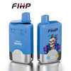 Twee blauwe FIHP merkwijdbare vape -apparaten, een met een productlabel met smaken bosbessenijs en koolzuurhoudende kers, en de andere met een kleurrijke punk -skeletafbeelding.