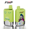 Twee groene FIHP -merkapparaten vape -apparaten, de ene weergave van smaak en bladerinformatie en de andere met een cartoonpunkschedel in een kleurrijke jas.