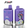 Twee paarse FIHP -merkvape -apparaten met metalen bodems, met dubbele smaakopties van druivenijs en aardbeienkiwi, de ene met doseringsinformatie en de andere versierd met een cartoonschedel die een racelet draagt.