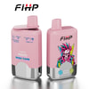 Twee roze FIHP VAPE -apparaten, de ene weergave van smaakopties en het aantal bladeren en de andere met een kleurrijke punk -skeletafbeelding.