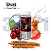 Prodotto Uwin Tornado Triple con immagine di leone sulla confezione, circondato da ciliegie, fragole, uva, un bicchiere di cola e schizzi d’acqua, che mette in risalto i gusti Cherry Cola, Strawberry Vanilla Cola e Grape Berry.