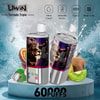 Due dispositivi usa e getta Uwin Tornado Triple con grafica di un leone e gusto Cherry Ice, mostrati con cubetti di ghiaccio, frutto della passione e kiwi, con caratteristiche come 54 ml di e-liquid, batteria da 650 mAh, ricarica Type-C, coil mesh e capacità di 60.000 puff.
