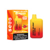 Bang Blaze Bc5000 Disposable Vape In Strawberry Banana Flavor, Featuring A Yellow And Red Gradient Device Next To Its Packaging Box, Which Displays Product Details And A Nicotine Warning.