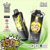 Bang Legend 6-in-1 Vape デバイスのプロモーション画像。モンキーのロゴが付いた 2 つの黒い VAPE ユニット、フレーバー選択オプション、強調表示された 150K パフ、Type-C 充電用のアイコン、850 Mah バッテリー、オイルタンク、LED スクリーンが特徴です。.