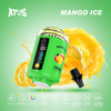 Werbebild eines grünen Dampfgeräts mit der Aufschrift 'Mango Ice' mit 120.000 Zügen, begleitet von einem Spritzer Mangosaft, Mango-Fruchtgrafiken und Symbolen, die Funktionen wie 12 Geschmacksrichtungen, 50 ml E-Liquid, RGB-Licht, 2200-mAh-Akku, DTL-Vaping, 5% Nikotinsalz, LED-Anzeigen, Mesh-Spule und ein 360-Grad-Regulierungsventil hervorheben.