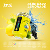 Buntes Werbebild für Afus Blue Razz Lemonade Vape, mit einem gelb-schwarzen Vape-Gerät mit Digitalanzeige, umgeben von Spritzern, Zitronen und Blaubeeren, mit hervorgehobenen Produktmerkmalen unten.
