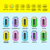 Zehn farbenfrohe Vape-Geräte mit Geschmacksnamen wie Double Apples, Blackberry Ice, Lemon Mint, Mango Ice, Lush Ice, Blue Razz Lemonade, Peach Ice, Blueberry Ice, Grape Ice und Cherry Ice werden auf einem hellblauen Hintergrund angezeigt, darüber Symbole, die Funktionen wie E-Liquid-Volumen, Batterie und Mesh Coil zusammenfassen.