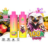Appareils Bang King Vapen Triple Vape aux couleurs vives comportant une illustration d'aigle féroce, entouré de divers fruits et de textes mettant en évidence les caractéristiques du produit telles que 100 000 bouffées, un interrupteur 3 en 1 et des spécifications techniques.